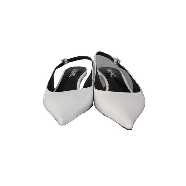 Versace Heels Sz 38 White Black Silver Kitten Heel Leather 1.5" Heels