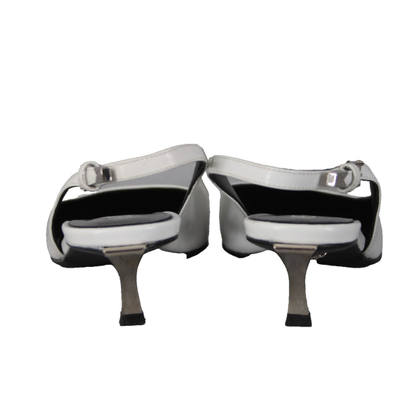 Versace Heels Sz 38 White Black Silver Kitten Heel Leather 1.5" Heels