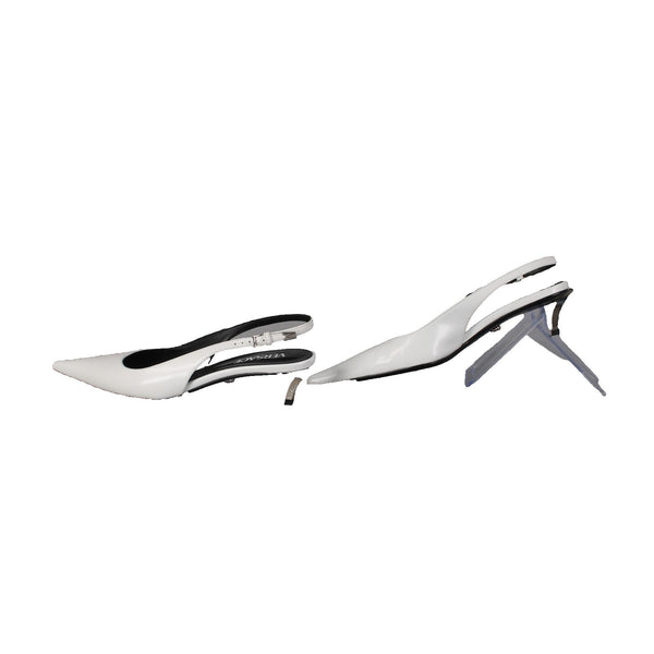 Versace Heels Sz 38 White Black Silver Kitten Heel Leather 1.5" Heels