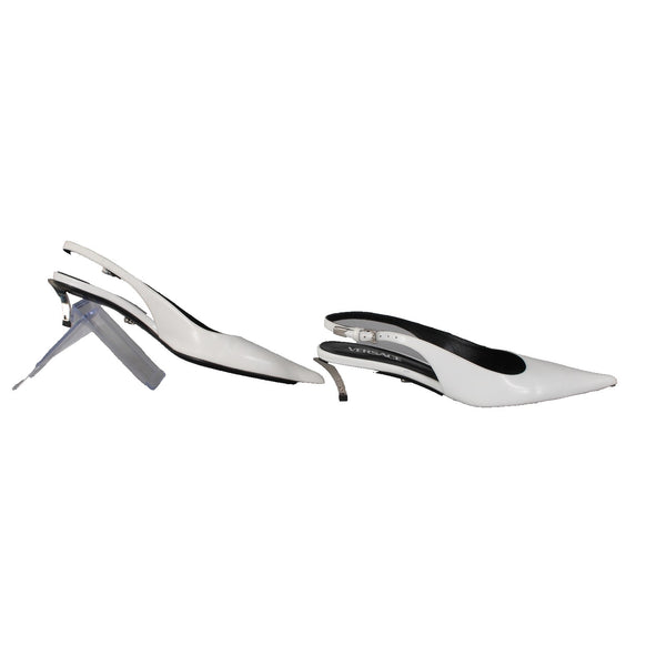 Versace Heels Sz 38 White Black Silver Kitten Heel Leather 1.5" Heels