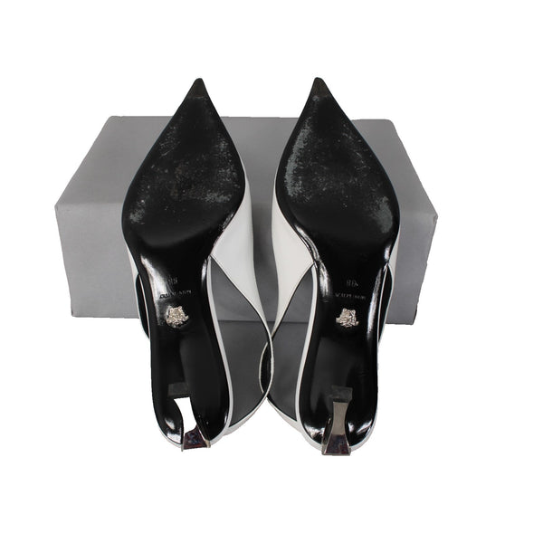 Versace Heels Sz 38 White Black Silver Kitten Heel Leather 1.5" Heels
