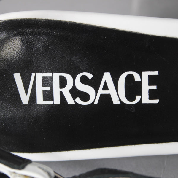 Versace Heels Sz 38 White Black Silver Kitten Heel Leather 1.5" Heels