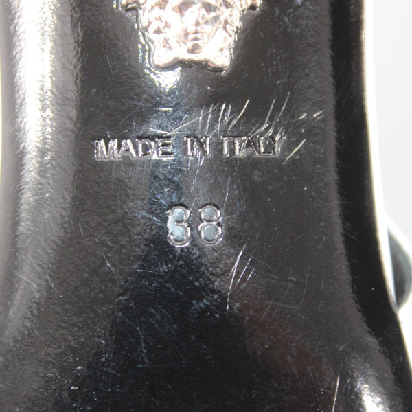 Versace Heels Sz 38 White Black Silver Kitten Heel Leather 1.5" Heels