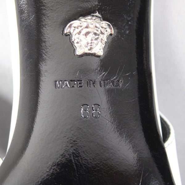 Versace Heels Sz 38 White Black Silver Kitten Heel Leather 1.5" Heels