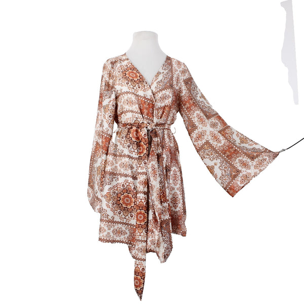 Molly Green $69 NEW Miriam Wrap Sz M Ivory Rust Satin Bohemian Polyester Dress