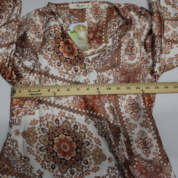 Molly Green $69 NEW Miriam Wrap Sz M Ivory Rust Satin Bohemian Polyester Dress