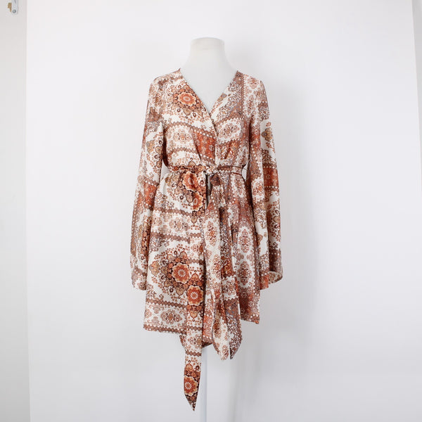 Molly Green $69 NEW Miriam Wrap Sz M Ivory Rust Satin Bohemian Polyester Dress