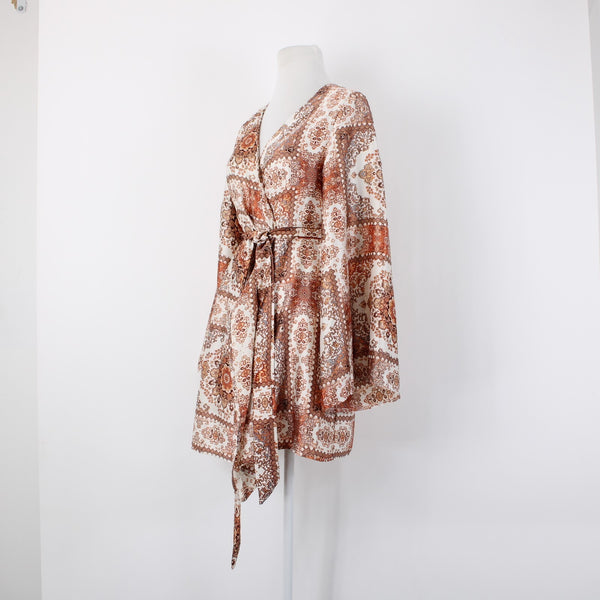 Molly Green $69 NEW Miriam Wrap Sz M Ivory Rust Satin Bohemian Polyester Dress
