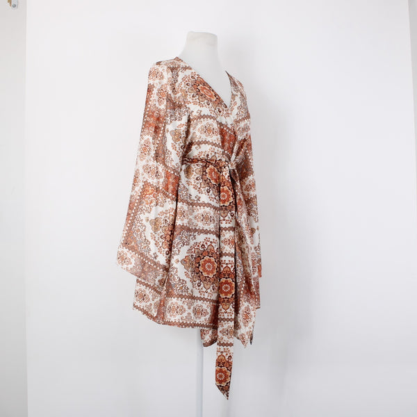 Molly Green $69 NEW Miriam Wrap Sz M Ivory Rust Satin Bohemian Polyester Dress