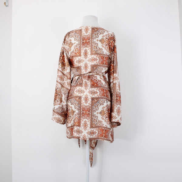 Molly Green $69 NEW Miriam Wrap Sz M Ivory Rust Satin Bohemian Polyester Dress