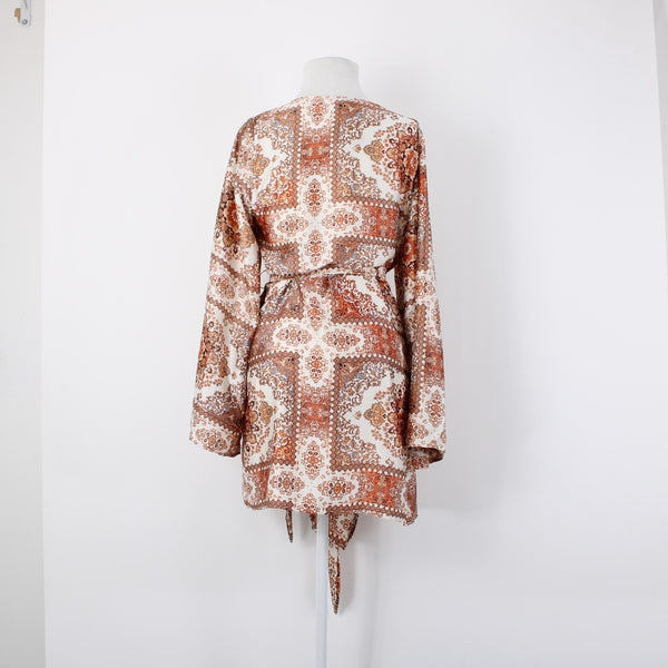 Molly Green $69 NEW Miriam Wrap Sz M Ivory Rust Satin Bohemian Polyester Dress
