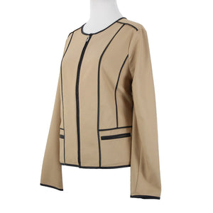 Chicos NEW $139 Sz 1 Arabian Camel Tan Black Leather Trim Cotton Poly Jacket
