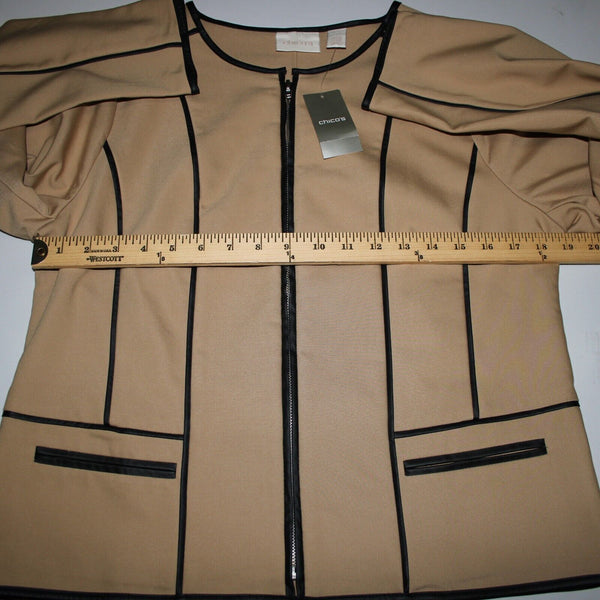 Chicos NEW $139 Sz 1 Arabian Camel Tan Black Leather Trim Cotton Poly Jacket
