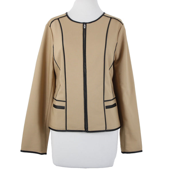 Chicos NEW $139 Sz 1 Arabian Camel Tan Black Leather Trim Cotton Poly Jacket