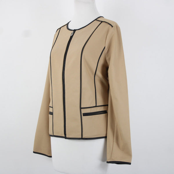 Chicos NEW $139 Sz 1 Arabian Camel Tan Black Leather Trim Cotton Poly Jacket