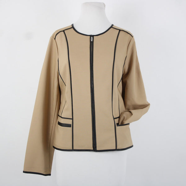 Chicos NEW $139 Sz 1 Arabian Camel Tan Black Leather Trim Cotton Poly Jacket