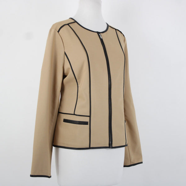 Chicos NEW $139 Sz 1 Arabian Camel Tan Black Leather Trim Cotton Poly Jacket