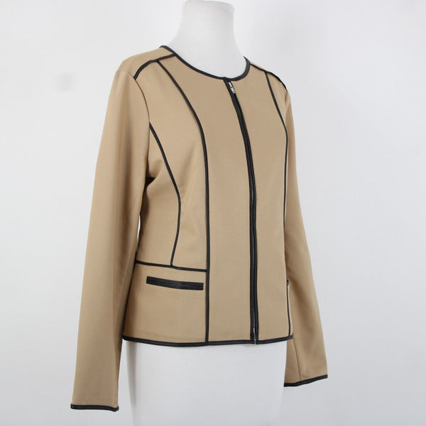 Chicos NEW $139 Sz 1 Arabian Camel Tan Black Leather Trim Cotton Poly Jacket