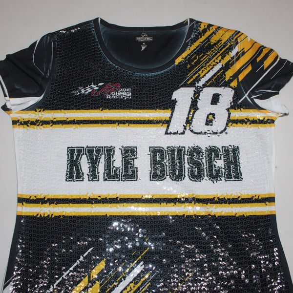 Over The Wall Top Sz XL Black White Yellow Sequin Kyle Busch 18 100% Poly Top