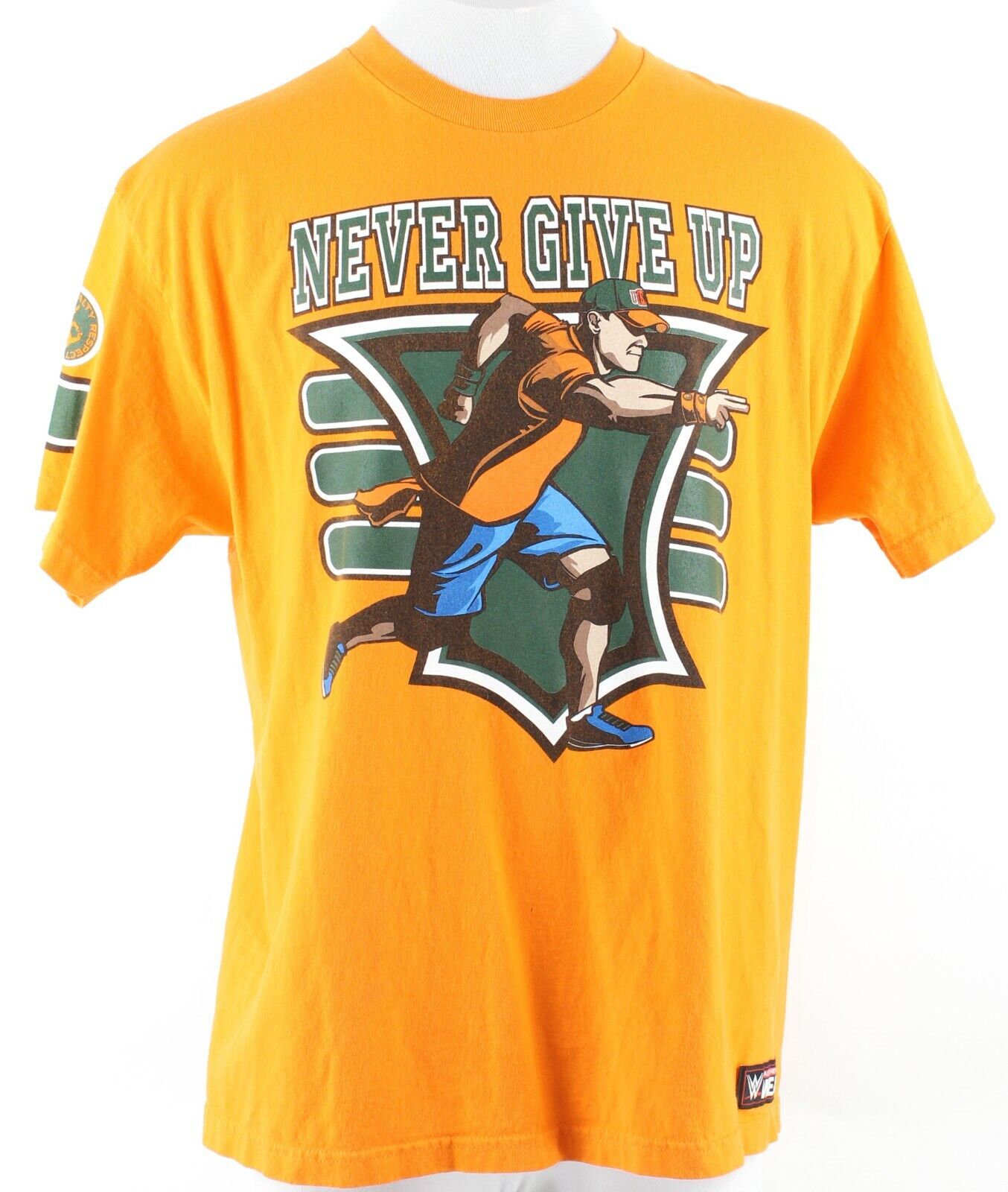 WWE Authentic Sz XL Orange Multi Never Give Up 100% Cotton T Shirt