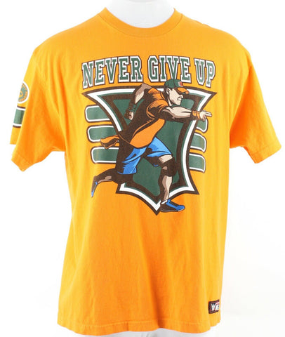 WWE Authentic Sz XL Orange Multi Never Give Up 100% Cotton T Shirt
