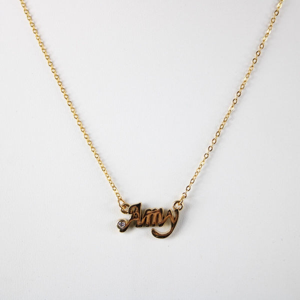 AMY Name NEW Goldtone Rhinestone Accent 14.5" w 4.5" Multi Ring Ext Necklace