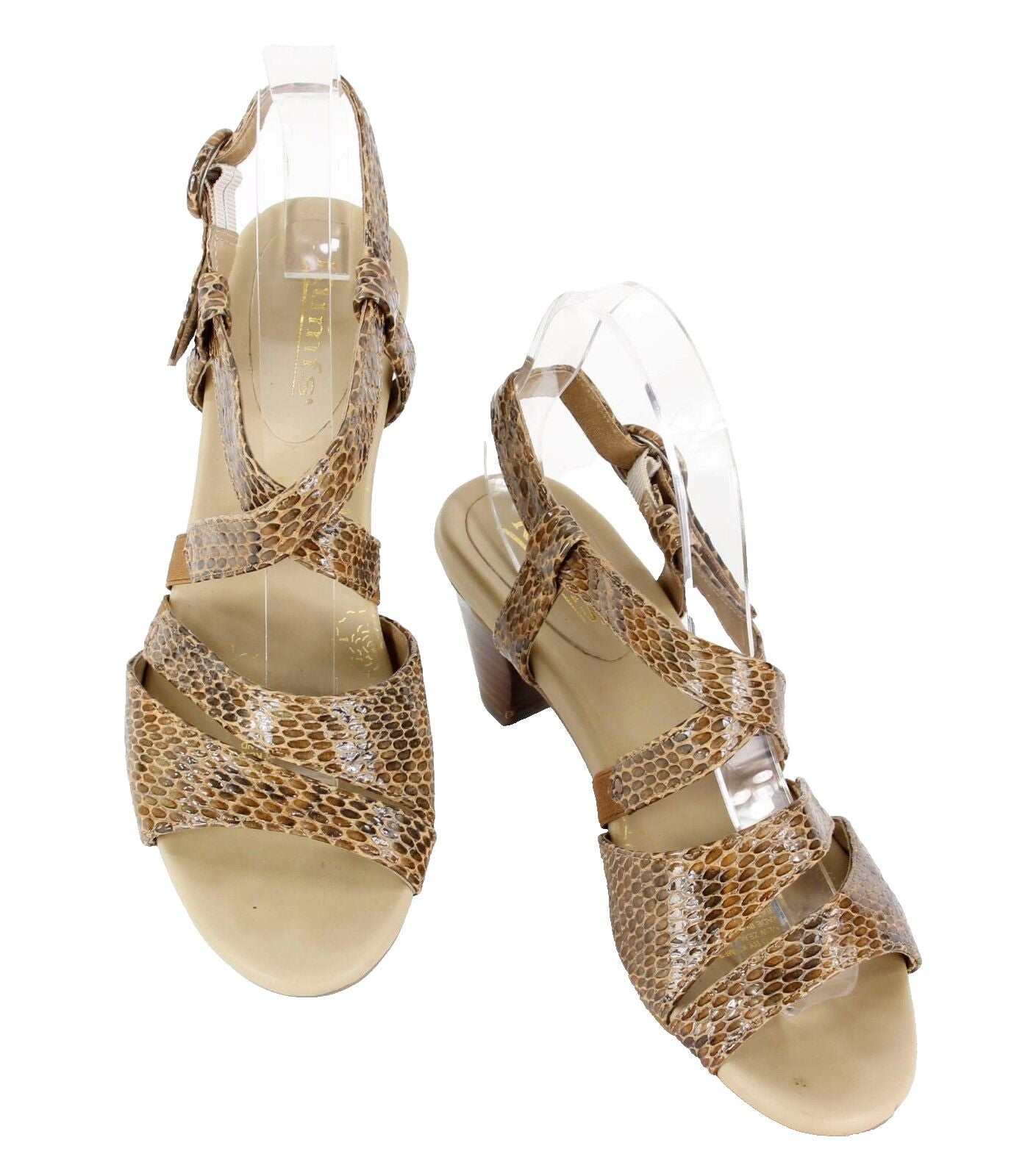 Kumfs Sz 39 Halo Tawny Snake Gold Reptile Print 2.5" Sandal Heels D294