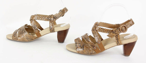 Kumfs Sz 39 Halo Tawny Snake Gold Reptile Print 2.5" Sandal Heels D294