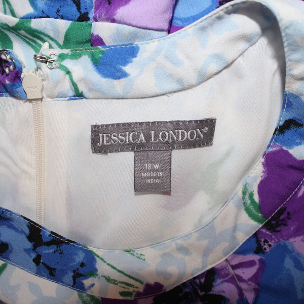 Jessica London Dress Sz 18W White Blue Multi Color Floral Lined 100% Poly Dress