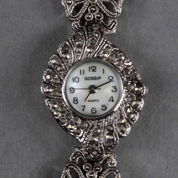GOSSIP 7in Silvertone Metal Marcasite Accent Bracelet Wrist Watch
