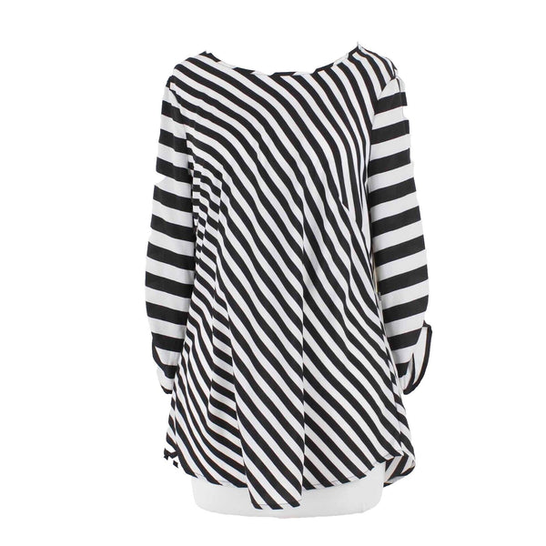 ECI NEW $33 Sz M Black White Stripe Hi Lo Lace Back Ruched Sleeve Woven Poly Top