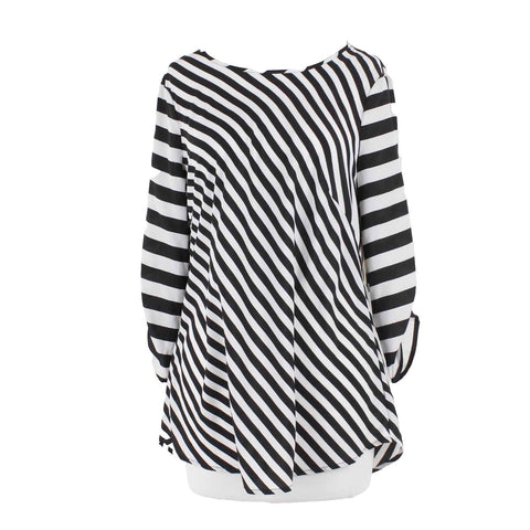 ECI NEW $33 Sz M Black White Stripe Hi Lo Lace Back Ruched Sleeve Woven Poly Top