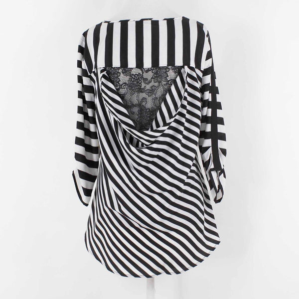 ECI NEW $33 Sz M Black White Stripe Hi Lo Lace Back Ruched Sleeve Woven Poly Top