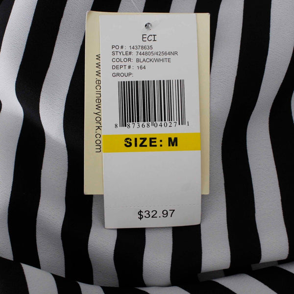 ECI NEW $33 Sz M Black White Stripe Hi Lo Lace Back Ruched Sleeve Woven Poly Top
