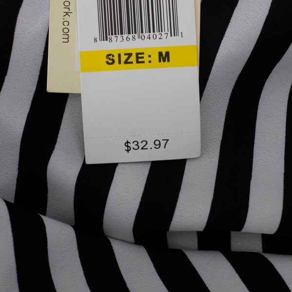 ECI NEW $33 Sz M Black White Stripe Hi Lo Lace Back Ruched Sleeve Woven Poly Top