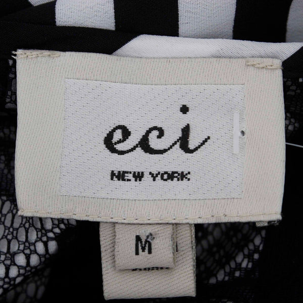 ECI NEW $33 Sz M Black White Stripe Hi Lo Lace Back Ruched Sleeve Woven Poly Top