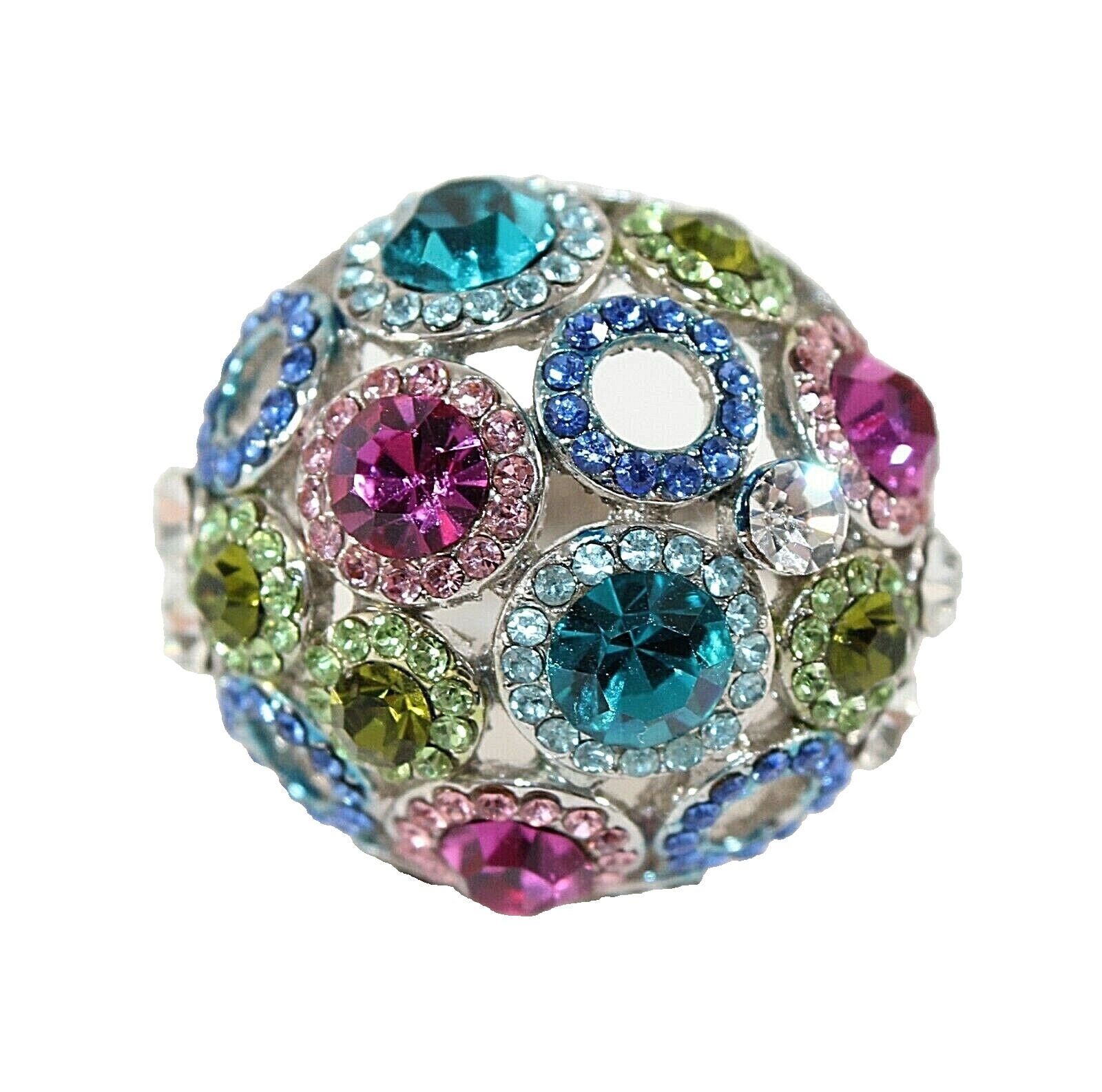 Silvertone Sz 9.5 Pink Green Multi Faceted Stones Dome Ring