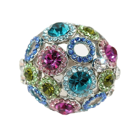 Silvertone Sz 9.5 Pink Green Multi Faceted Stones Dome Ring