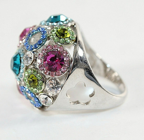 Silvertone Sz 9.5 Pink Green Multi Faceted Stones Dome Ring