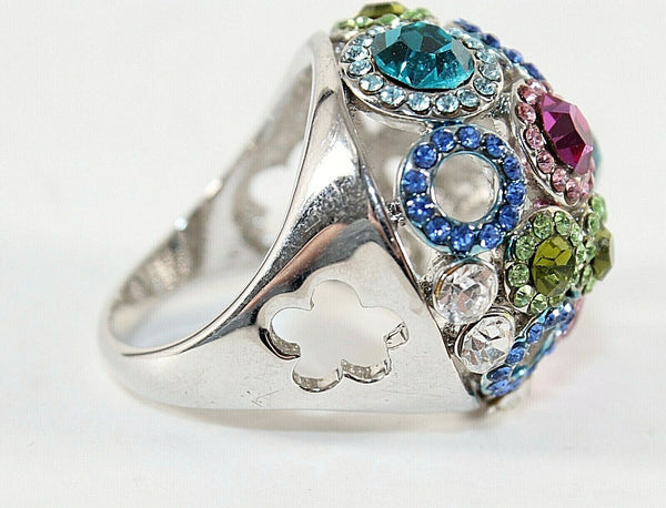 Silvertone Sz 9.5 Pink Green Multi Faceted Stones Dome Ring