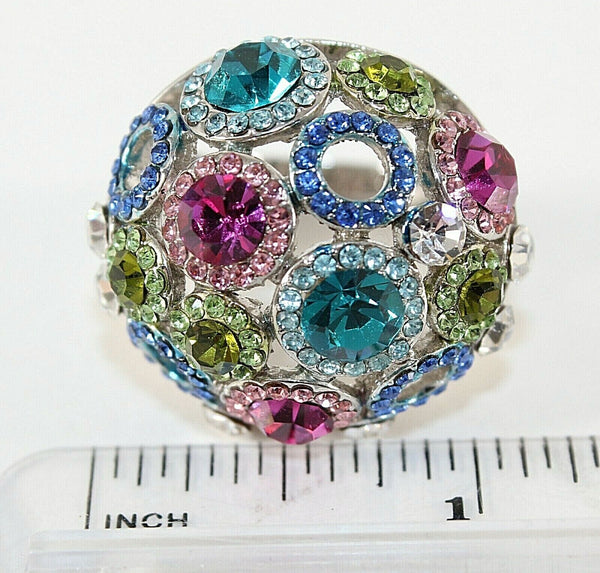 Silvertone Sz 9.5 Pink Green Multi Faceted Stones Dome Ring