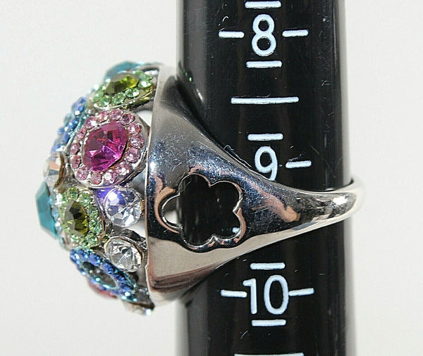 Silvertone Sz 9.5 Pink Green Multi Faceted Stones Dome Ring