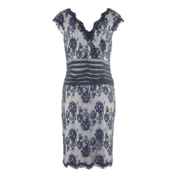 Tadashi Shoji 10 Navy Lace Overlay on Gray Viscose Cotton Nylon Poly Dress