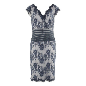 Tadashi Shoji 10 Navy Lace Overlay on Gray Viscose Cotton Nylon Poly Dress