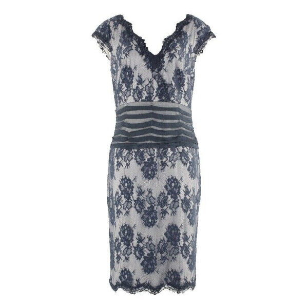 Tadashi Shoji 10 Navy Lace Overlay on Gray Viscose Cotton Nylon Poly Dress