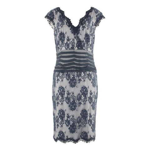 Tadashi Shoji 10 Navy Lace Overlay on Gray Viscose Cotton Nylon Poly Dress