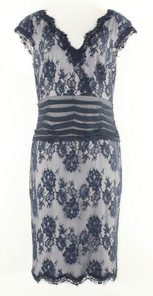 Tadashi Shoji 10 Navy Lace Overlay on Gray Viscose Cotton Nylon Poly Dress