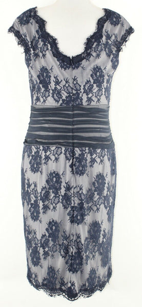 Tadashi Shoji 10 Navy Lace Overlay on Gray Viscose Cotton Nylon Poly Dress