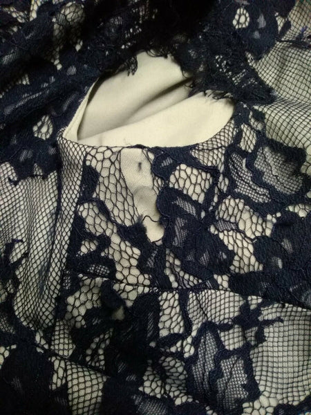 Tadashi Shoji 10 Navy Lace Overlay on Gray Viscose Cotton Nylon Poly Dress