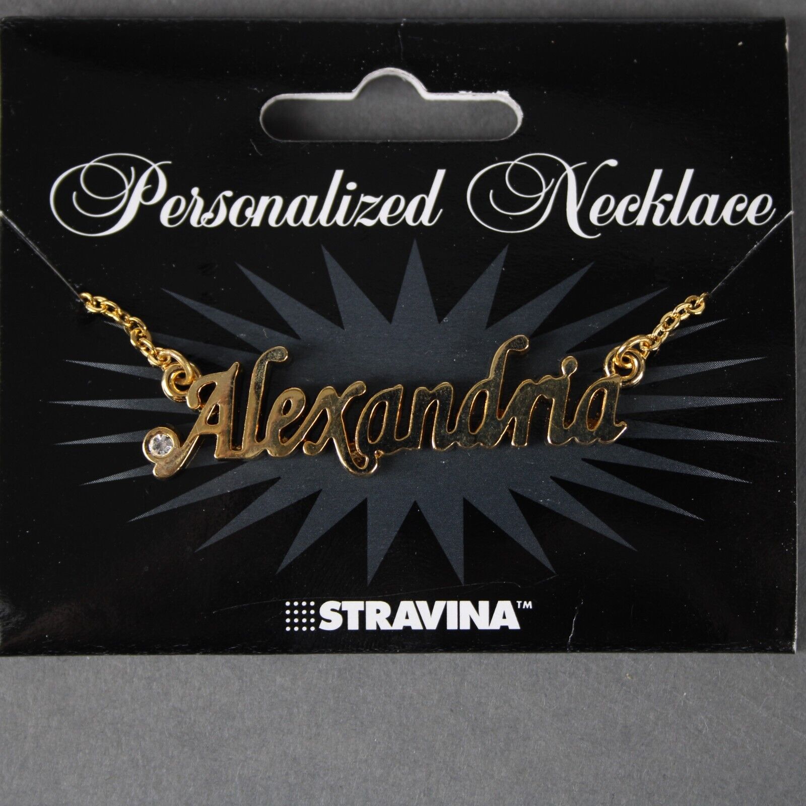 ALEXANDRIA Name Goldtone Rhinestone Accent 14.5" w 4.5" Multi Ring Ext Necklace